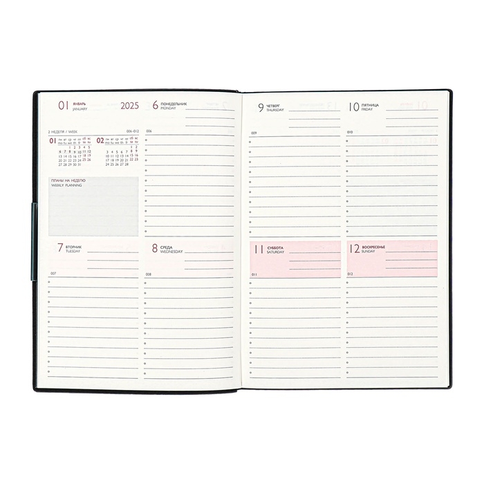 Еженедельник датир 2025г мягк обл иск кож А6+ 80л ESCALADA, тис ф, кр бл 70 г/м², чёрный Еженедельник датир 2025г мягк обл иск кож А6+ 80л ESCALADA, тис ф, кр бл 70 г/м², чёрный