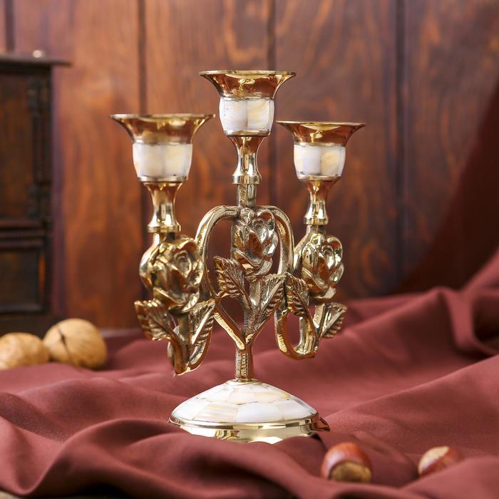 Подсвечник латунь на 3 свечи 16 см перламутр Подсвечник латунь на 3 свечи 16 см перламутр "Роза в сердце"