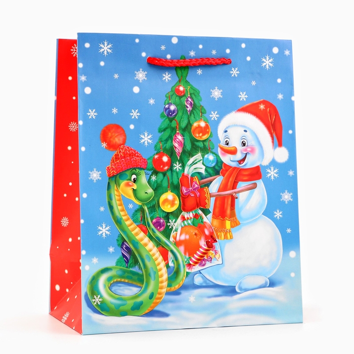 Новый год. Пакет подарочный "Змейка и снеговик", 18 х 22,3 х 10 см.