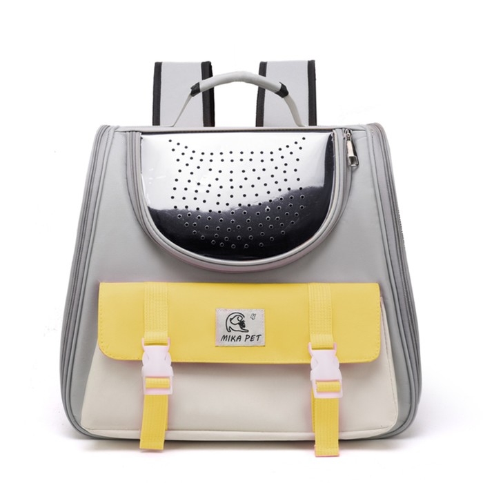 Рюкзак-переноска для кошек и собак, сетка с кошкой, оксфорд+ПВХ37 х 37 х 25 см, серый/жёлтый 105741 Рюкзак-переноска для кошек и собак, сетка с кошкой, оксфорд+ПВХ37 х 37 х 25 см, серый/жёлтый 105741