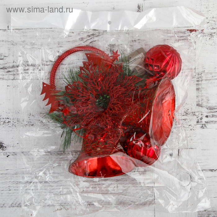 Украшение новогоднее  Украшение новогоднее "Два колокольчика с цветком и шариками" 19х41 см, красный