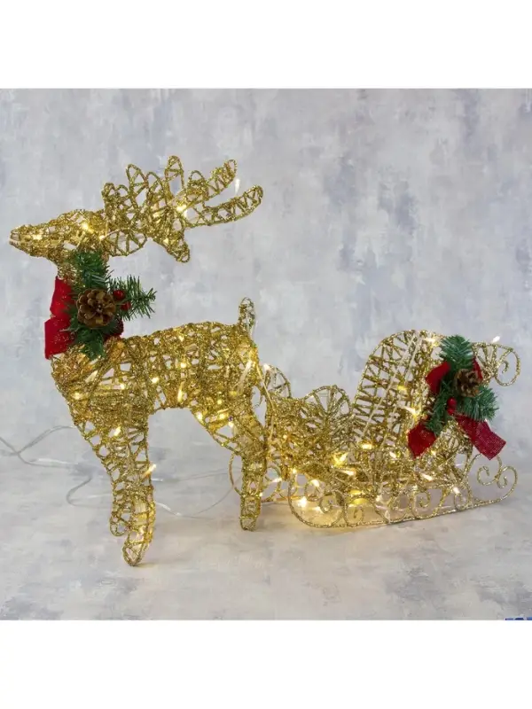 Светодиодная фигура &laquo;Олень с санями золотистый&raquo;, олень: 40&times;50&times;16 см, сани: 40&times;25&times;10 см, металл, 220 В, свечение тёплое белое