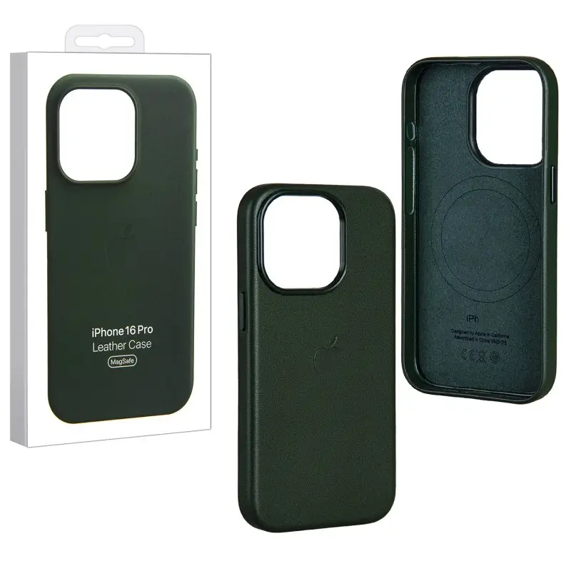 Чехол для iPhone 16 Pro Leather Case 100% ORG (MagSafe) c LOGO Green