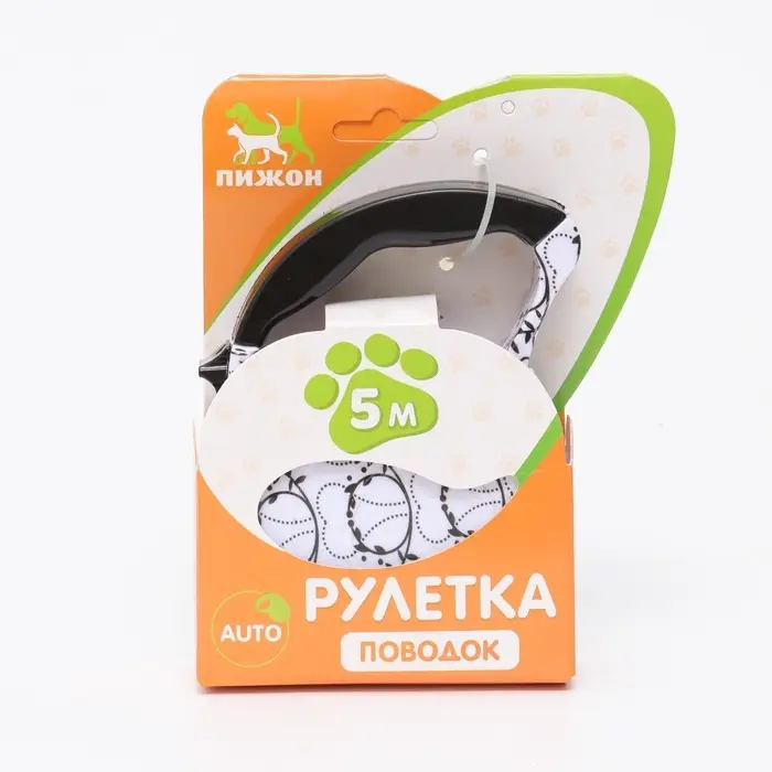 Рулетка с поводком-лентой, резиновая ручка, 5 м, вес животного до 15 кг, белая с орнаментом