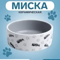 Миска для кошек &laquo;Пижон. Рыбные косточки и лапки&raquo;, 300 мл, 12.5&times;4.5 см, керамика, серая