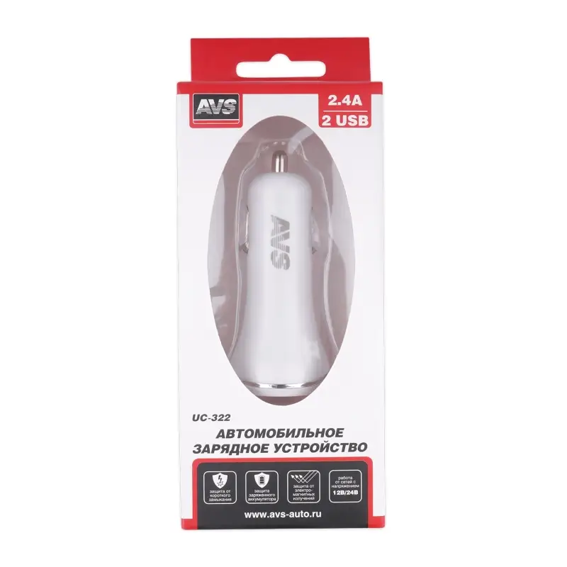 Автомобильное ЗУ AVS UC-322, 2 USB, 2.4 A, 12 Вт, белый (A78020S)