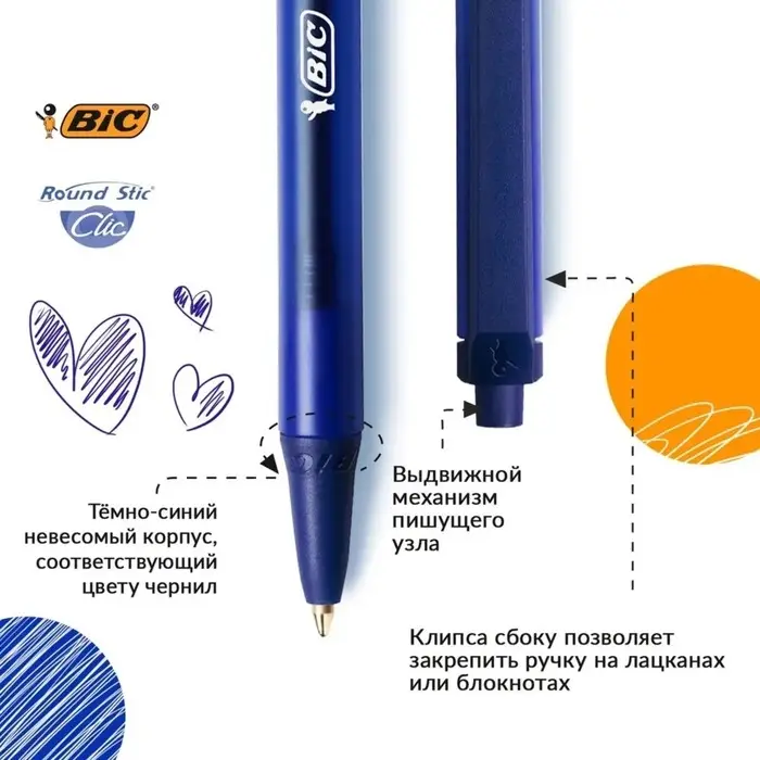 Ручка шариковая, автоматическая, BIC Round Stic Clic, узел 1.0 мм, чернила синие, среднее письмо, синий корпус Ручка шариковая, автоматическая, BIC Round Stic Clic, узел 1.0 мм, чернила синие, среднее письмо, синий корпус