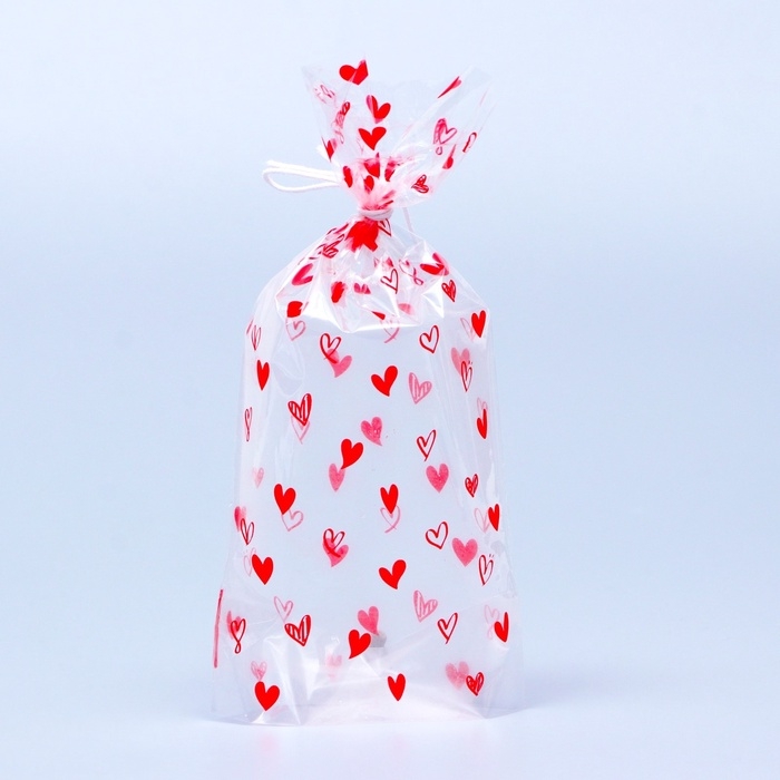 Пакет фасовочный БОПП, с донной складкой, Пакет фасовочный БОПП, с донной складкой, "Сердца красные" 9*19 см набор 50 шт