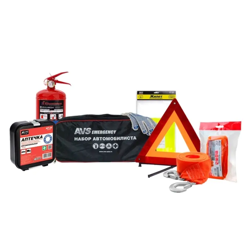 Набор автомобилиста (огнетушитель ОП-2, аптечка Н/О, знак, трос 5т, перчатки) AVS AN-03