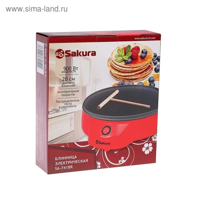 Блинница электрическая Sakura SA-7418R, 900 Вт, 20 см, красная