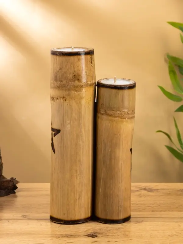 Свеча в бамбуке двойная «Звезда», 13×14×30 см, 100 мл, бежевая