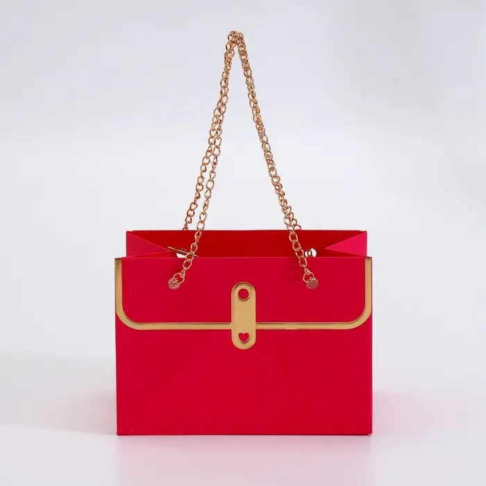 Пакет переноска для цветов, ручка цепь, &laquo;Малиновый&raquo;, с золотым тиснением, 15&times;10.5&times;10 см