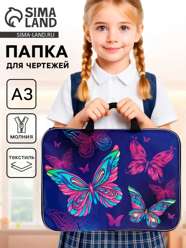 Папка с ручками, А3, текстильная, 47&times;35&times;2 см &laquo;Бабочки&raquo;
