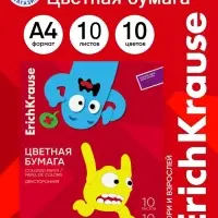 Бумага цветная А4 ErichKrause Jolly Friends, 10 листов, 10 цветов, двусторонняя, на клею