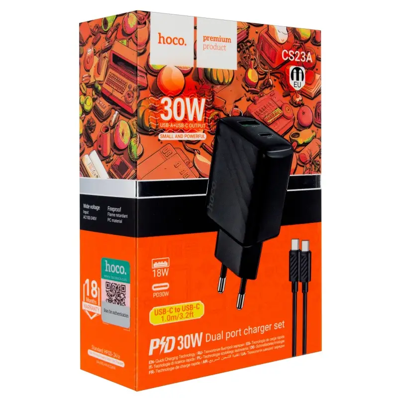Сетевое зарядное устройство с кабелем Type-C на Type-C PD30W + USB QC3.0 CS23A  HOCO черное