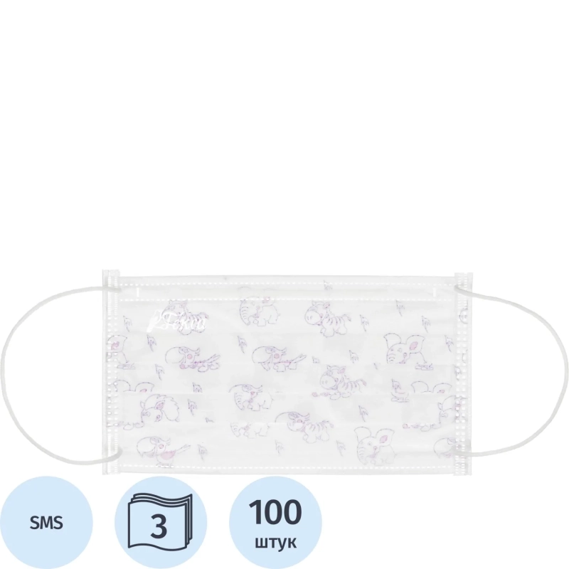 Маска медицинская 3-х сл., резинка,с рисунком 100шт/уп  Гекса