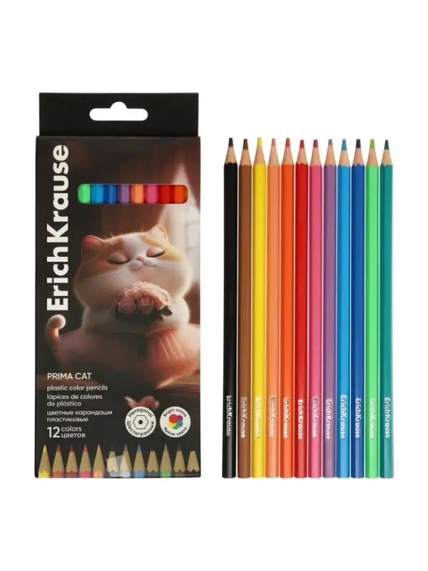 Карандаши 12 цветов, ErichKrause Prima Cat, пластиковые, шестигранные