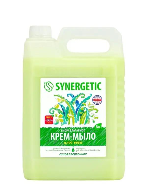 Крем-мыло жидкое биоразлагаемое для мытья рук и тела SYNERGETIC Крем-мыло жидкое биоразлагаемое для мытья рук и тела SYNERGETIC "Алоэ вера", 5 л