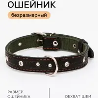 Ошейник комбинированный безразмерный, кожа/брезент, 60&times;3 см, ОШ 30-57 см, чёрный/зелёный