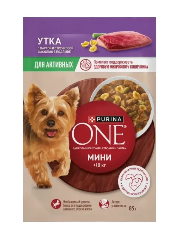 Влажный корм Purina One mini для активных собак, утка/паста/фасоль в подливе, 85 г