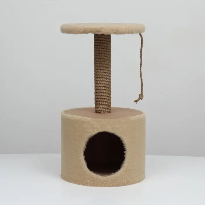 Домик для кошек с когтеточкой круглый, джут, 35&times;35&times;64 см, бежевый