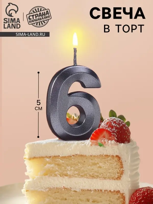 Свеча в торт на шпажке &laquo;Цифра 6&raquo;, черная, 5 см