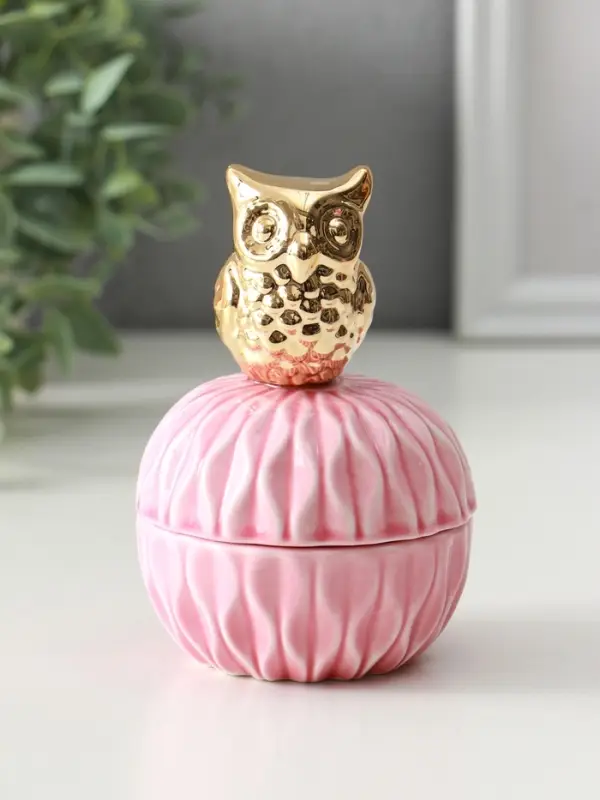 Шкатулка для украшений с крышкой &laquo;Золотой филин&raquo;, керамика, розовая, 8&times;8&times;12 см