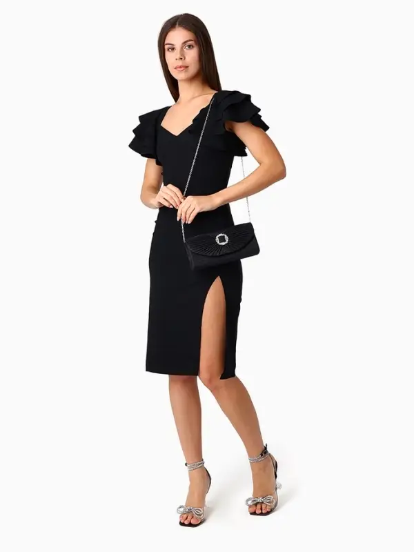 Сумка-клатч женская вечерняя на магните, на длинной цепочке, с декоративной пряжкой, блестящая, чёрная