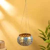 Подсвечник подвесной из кокоса, 14×14×10 см, голубой-золотой