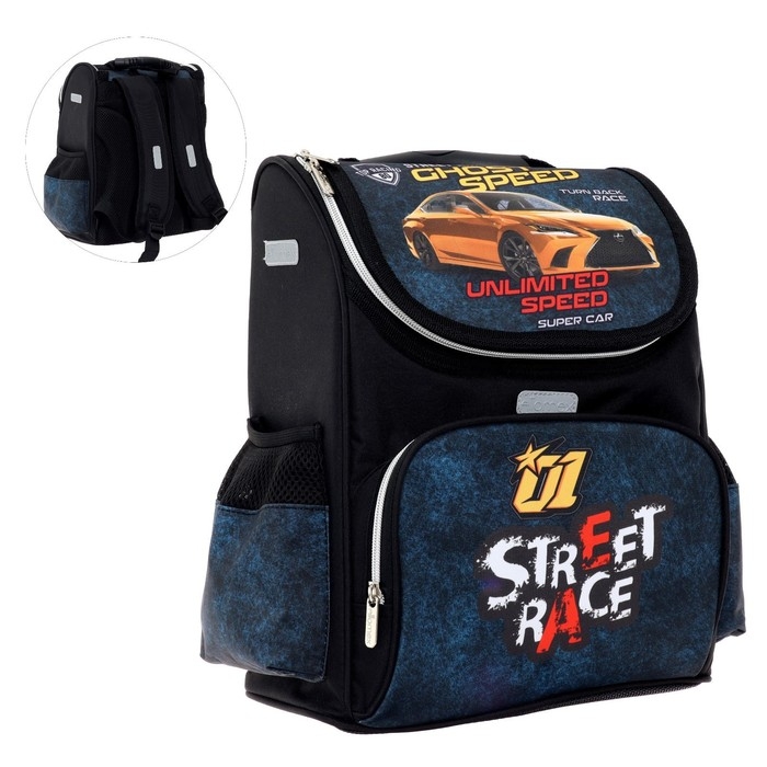 Ранец школьный Стандарт, 34 х 27 х 20 см, Attomex Lite Street Race, чёрный, синий Ранец школьный Стандарт, 34 х 27 х 20 см, Attomex Lite Street Race, чёрный, синий