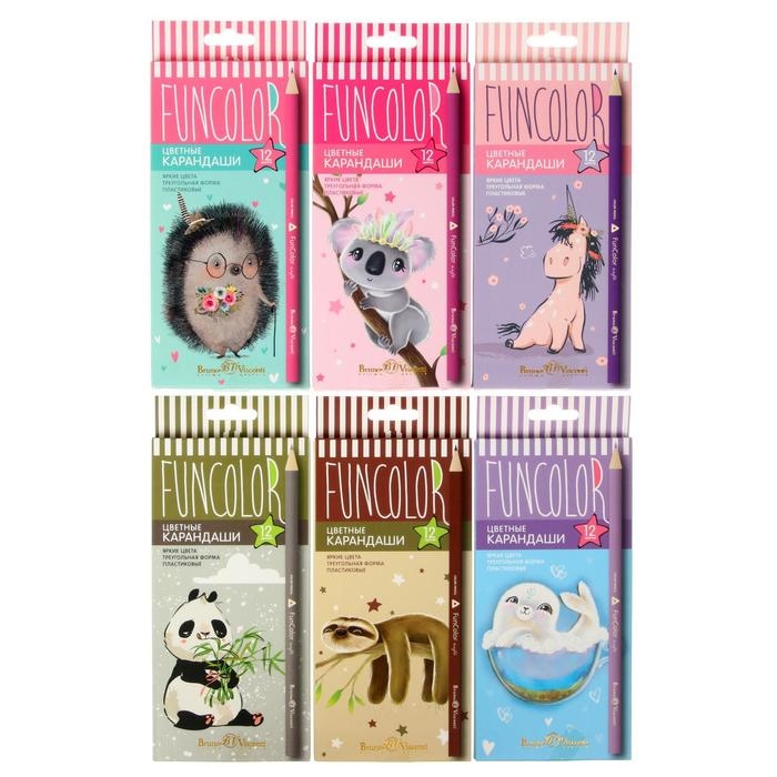 Карандаши 12 цветов FunColor, пластиковые, трёхгранные, МИКС Карандаши 12 цветов FunColor, пластиковые, трёхгранные, МИКС