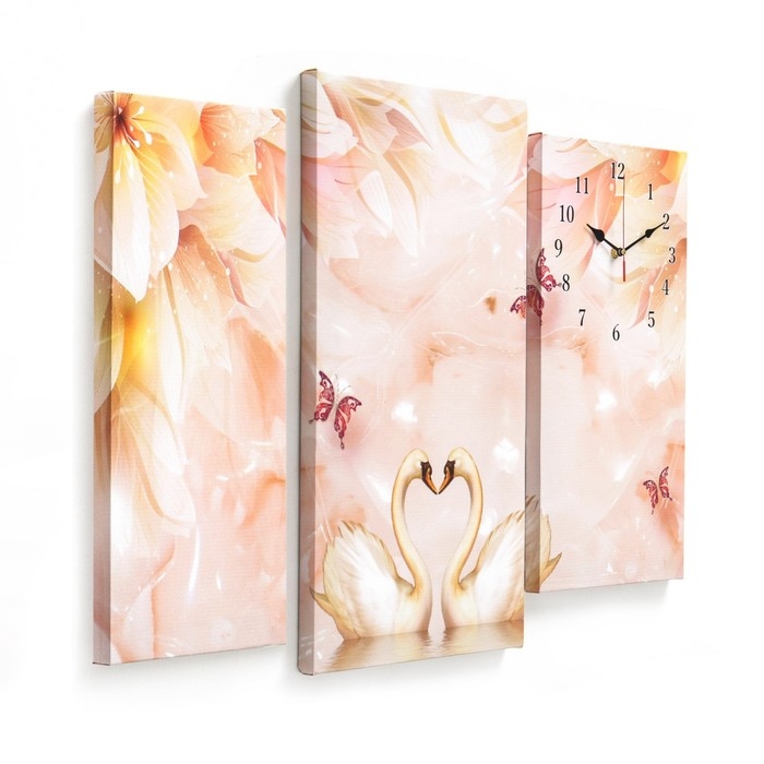 Часы настенные, на холсте, серия: Животный мир,  Часы настенные, на холсте, серия: Животный мир, "Лебеди", 60 х 80