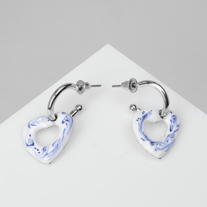 Серьги эмаль «Сердце» разводы, цвет бело-синий в серебре Серьги эмаль «Сердце» разводы, цвет бело-синий в серебре