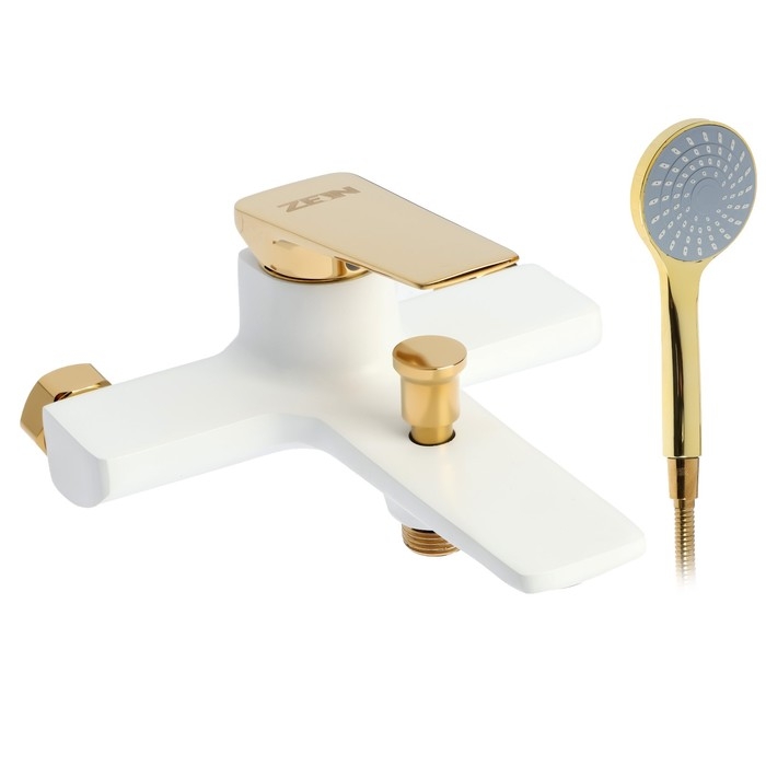 Смеситель для ванны ZEIN Z3891, однорычажный, лейка 5 режимов, шланг, держатель, белый/gold 993220 Смеситель для ванны ZEIN Z3891, однорычажный, лейка 5 режимов, шланг, держатель, белый/gold 993220