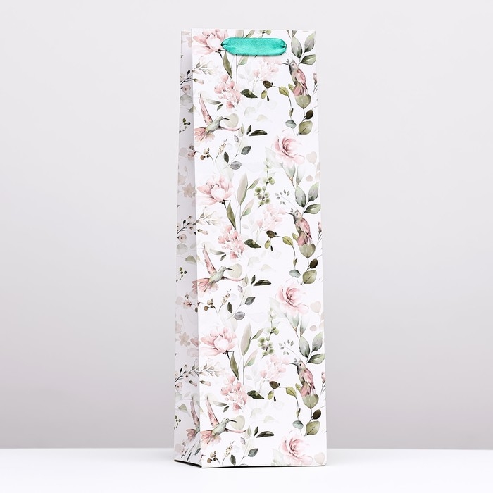 Пакет  под бутылку «Цветочное сочетание», белый 12 x 40 x 10 см