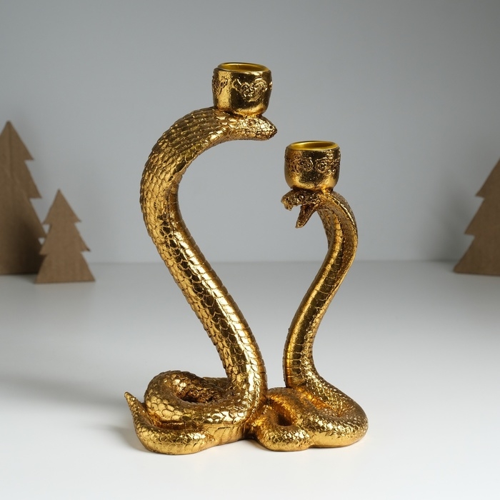 Подсвечник полистоун на 2 свечи Подсвечник полистоун на 2 свечи "Две королевские кобры" золото 14,5х10,5х21,2 см