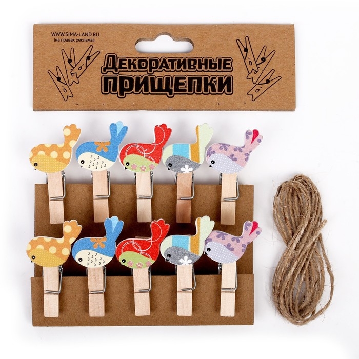 Прищепки декоративные с веревкой для подвеса &laquo;Весенние птички&raquo; набор 10 шт.