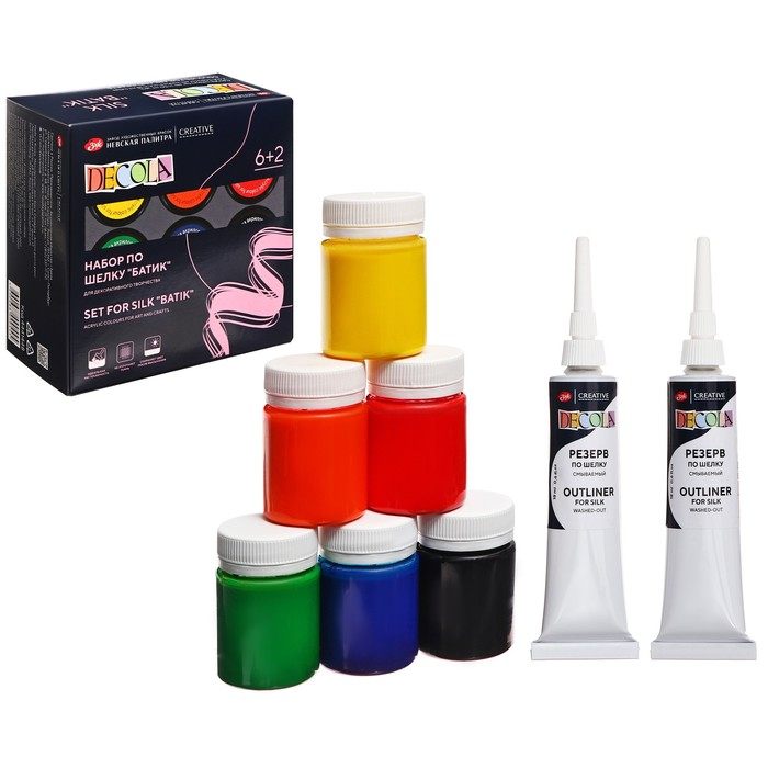 Краска по ткани (шелку), набор 6 цветов х 50 мл, ЗХК Decola  Краска по ткани (шелку), набор 6 цветов х 50 мл, ЗХК Decola "Батик" (резерв 2 штуки х 18 мл), акриловая на водной основе, (4441448)