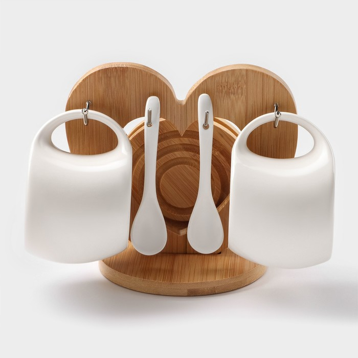 Набор чайный керамический на деревянной подставке «Эстет», 6 предметов: 2 чашки 200 мл, 2 подставки 9,5 см, 2 ложки, цвет белый Набор чайный керамический на деревянной подставке «Эстет», 6 предметов: 2 чашки 200 мл, 2 подставки 9,5 см, 2 ложки, цвет белый