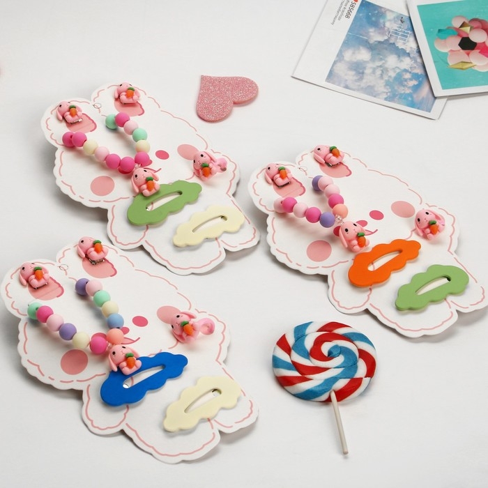 Комплект детский «Выбражулька» 5 предметов: 2 заколки, клипсы, браслет, кольцо, зайчик, цветной Комплект детский «Выбражулька» 5 предметов: 2 заколки, клипсы, браслет, кольцо, зайчик, цветной