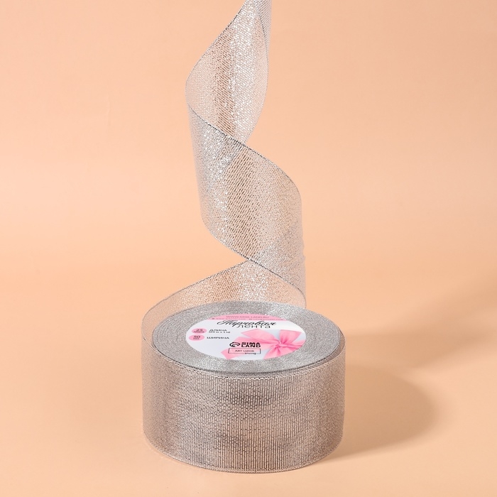 Лента парчовая, 50 мм, 23 ± 1 м, цвет серебряный Лента парчовая, 50 мм, 23 ± 1 м, цвет серебряный