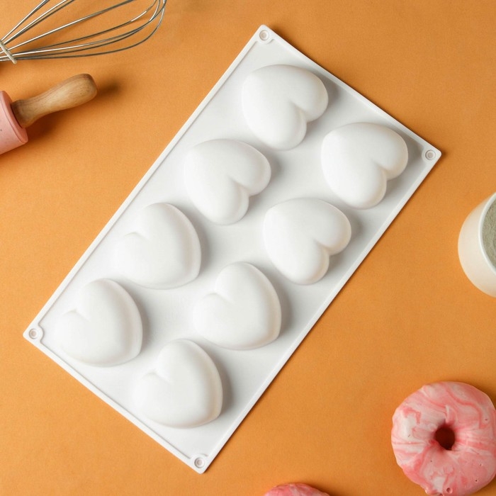 Форма для муссовых десертов и выпечки KONFINETTA «Сердца», 30×17,5×3 см, 8 ячеек (6,2×6 см), цвет белый Форма для муссовых десертов и выпечки KONFINETTA «Сердца», 30×17,5×3 см, 8 ячеек (6,2×6 см), цвет белый