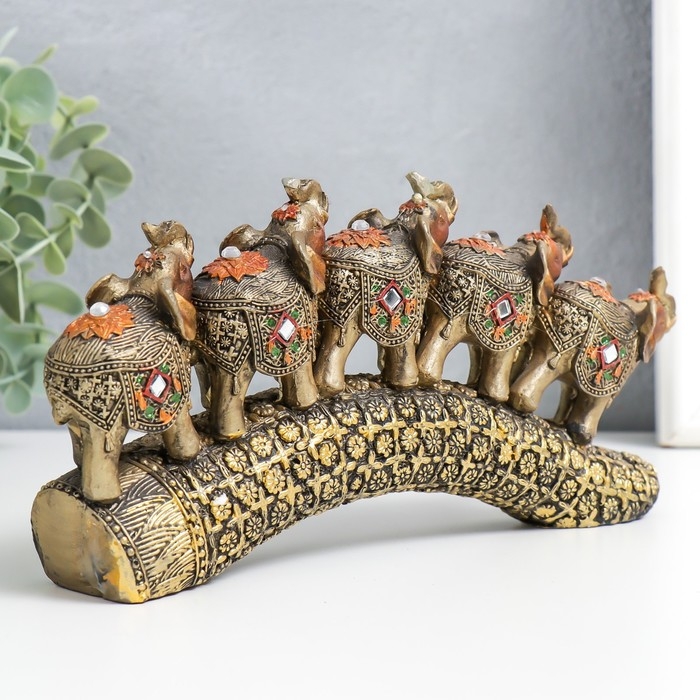 Сувенир полистоун Сувенир полистоун "Пять слонов на бивне с цветами" бронза 20,5х4х11 см