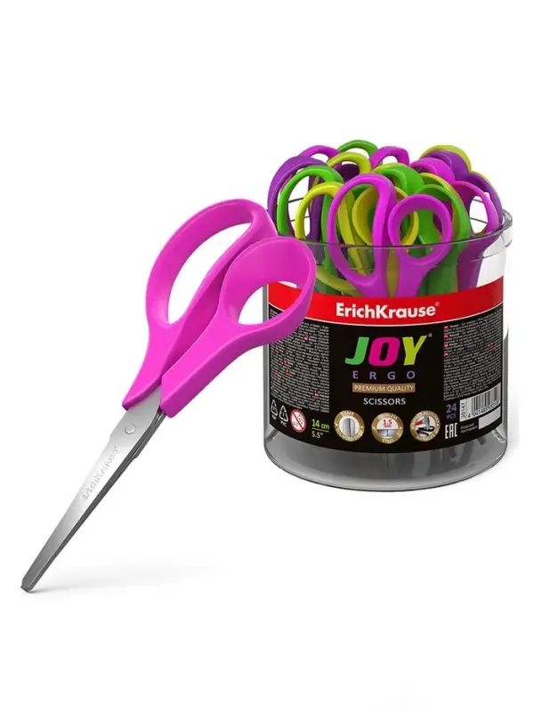 Ножницы детские 14 см, ErichKrause Joy Ergo, в стакане, с закруглёнными концами лезвий и линейкой, МИКС