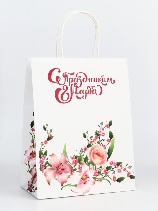 Пакет подарочный крафт  Пакет подарочный крафт "С Праздником 8 марта!" 21 х 11 х 27 См