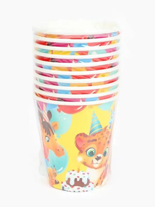 Стакан одноразовый бумажный «С Днём рождения, весёлые зверята», желтый, 250 мл Стакан одноразовый бумажный «С Днём рождения, весёлые зверята», желтый, 250 мл
