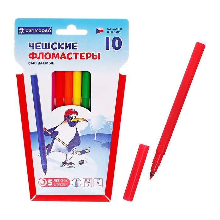 Фломастеры 10 цветов, 1.8 мм Centropen 7790  Фломастеры 10 цветов, 1.8 мм Centropen 7790 "Пингвины", пластиковый конверт, смываемые