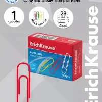 Скрепки канцелярские ErichKrause, 28 мм, 100 штук, цветные с виниловым покрытием, картонная упаковка, МИКС
