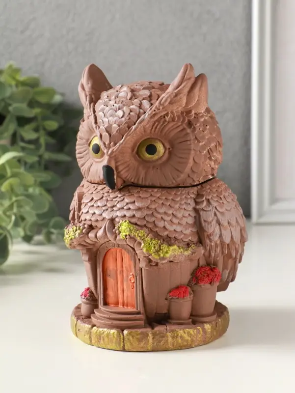 Шкатулка для украшений с крышкой «Сова Теремок», 15×10 см, гипс, коричневый с росписью Шкатулка для украшений с крышкой «Сова Теремок», 15×10 см, гипс, коричневый с росписью