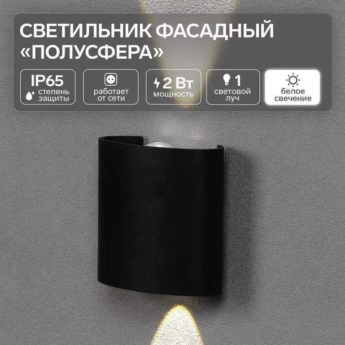 Светильник фасадный &laquo;Полусфера&raquo;, FSD-074, 2 Вт, 4000К, 1 луч, IP65, 220 В, пластик, черный